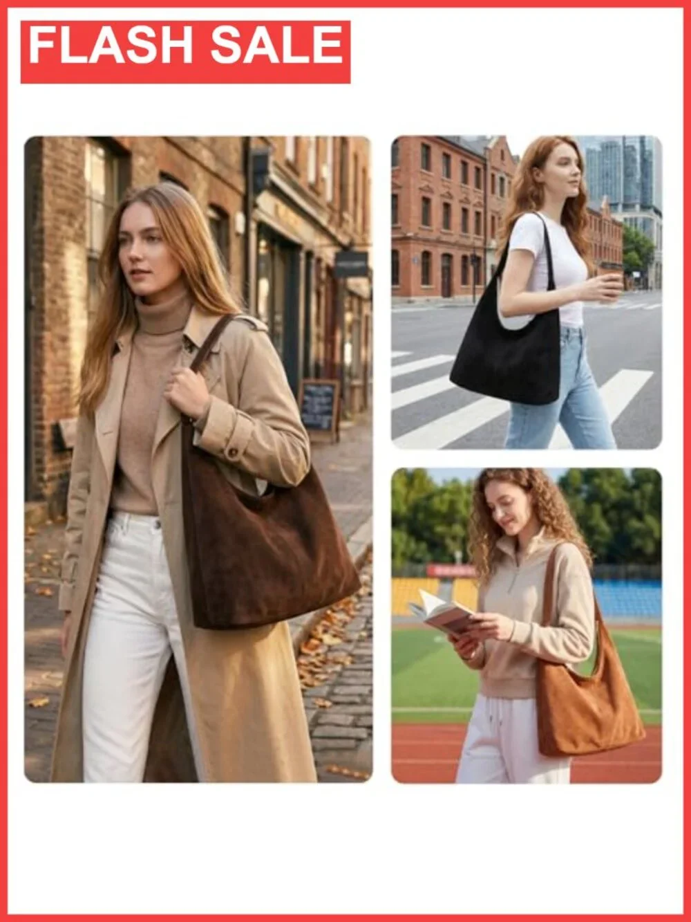 Faux Suede Slouchy Hobo Shoulder Bag Vegan Leather with Pouch